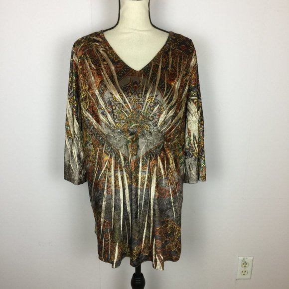 Style & Co Blouse Top Womans Plus Sz 1X Floral Mandala V-Neck Velvet 3/4 Sleeve - Picture 1 of 14